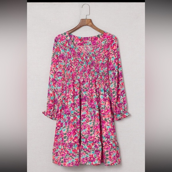 Fuchsia Smocked Puffy Sleeve Floral Drop Waist Dress - Picture 4 of 10